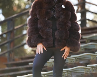 Chocolate Brown Fox Fur Jacket-Luxury style for winter-Real Fur jacket