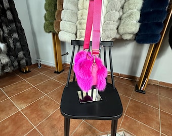 Luxurious Adjustable-strap Crossbody Bag   Fuchsia fox fur with Removable Hardware