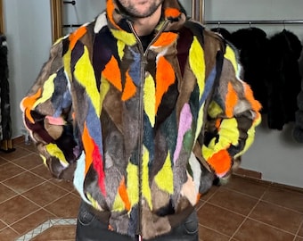 Echter Nerz Multicolor Pelz-Bomper Jacke für Männer (Medium Men)