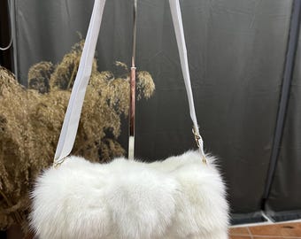 Luxurious Abdjustable-strap Crossbody Bag in White/Brown Blue Gold  fox fur with Removable Hardware