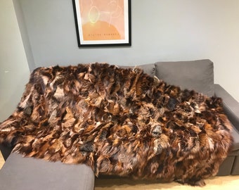 Brown Fox Fur Blanket: Copper Satin Lined Throw