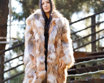 Handmade Red Fox Fur Coat - Long Collar, Winter Fashion