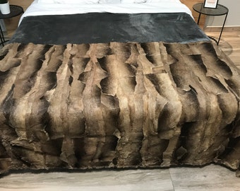 Brown Rex Rabbit Fur Blanket with Satin Lining