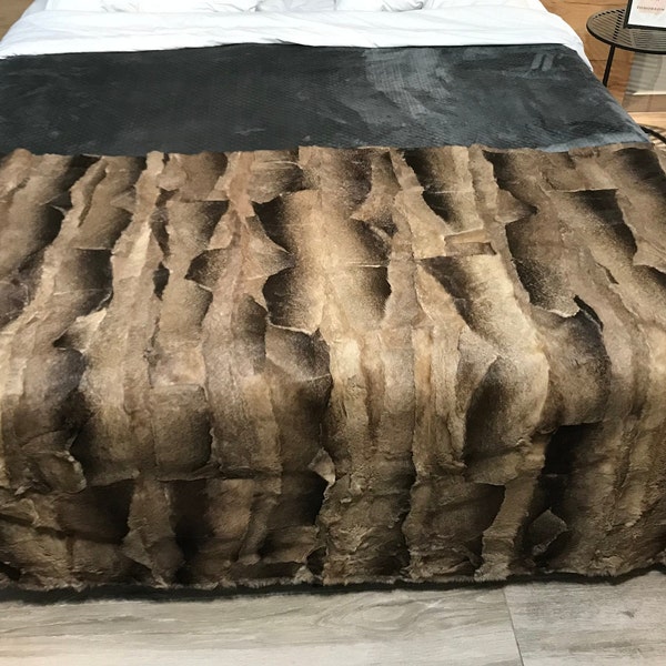 Brown Rex Rabbit Fur blanket/throw for your bedroom or your living room with satin lining