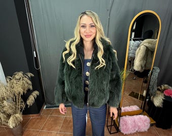 Green Fox Fur Jacket with Hood - Handmade Greek Design