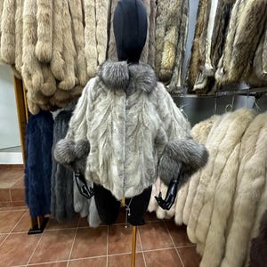 Silver Mink Fur Cape with Saphire Frost Fox hood,Real Mink fur Cape,Real fur Cape ,Luxury Fur Cape