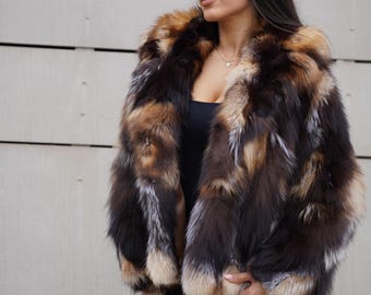Fox fur  woman  jacket with collar Black&Gold (Last size  Medium)