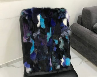 Shades of Blue Fox Fur Blanket with Satin Lining