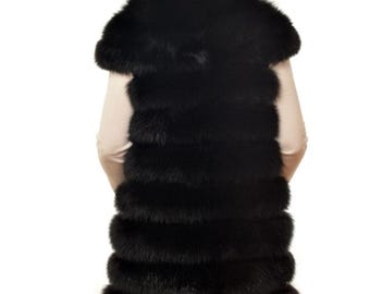 Black Long with hood   Fox Fur  Vest