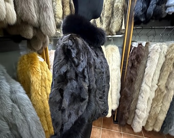 Brown Mink Cape with Fox Fur Hood and Trim
