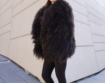 Real Chocolate Brown Mongolian fur with long collar