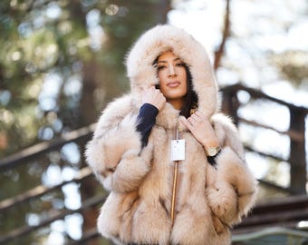 LUXURY Light Crystal Beige Fox  Fur  Hooded Jacket