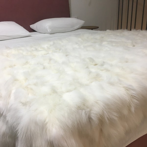 Shadow White Fox Fur blanket/throw for your bedroom or your living room with satin lining