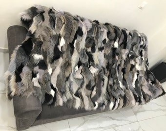 Multicolour Fox Fur Blanket: Shades of Gray Satin Throw