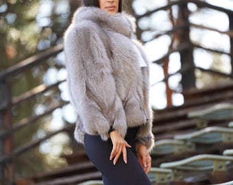 Real Gray Fox Fur Jacket: Women's Luxury Fur Coat