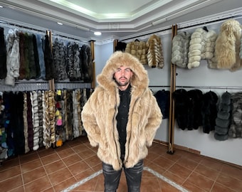 Men Luxury Honey Beige fox fur jacket with fur hood
