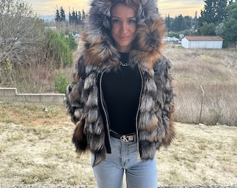 Style  Cross  Fox Fur  Hooded Jacket(Exclusive)