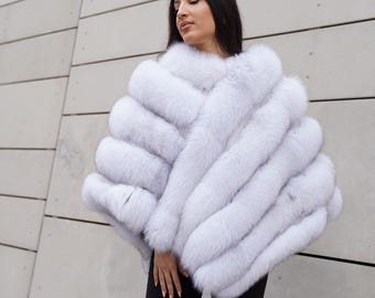 Real Fox Fur Cape - Handmade Blue/White Luxury Poncho