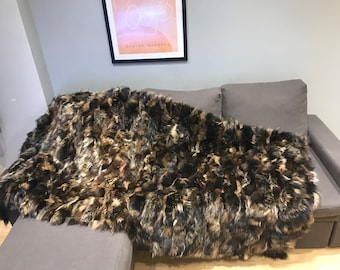 Gold Black & Brown Fox Fur Blanket with Satin Lining