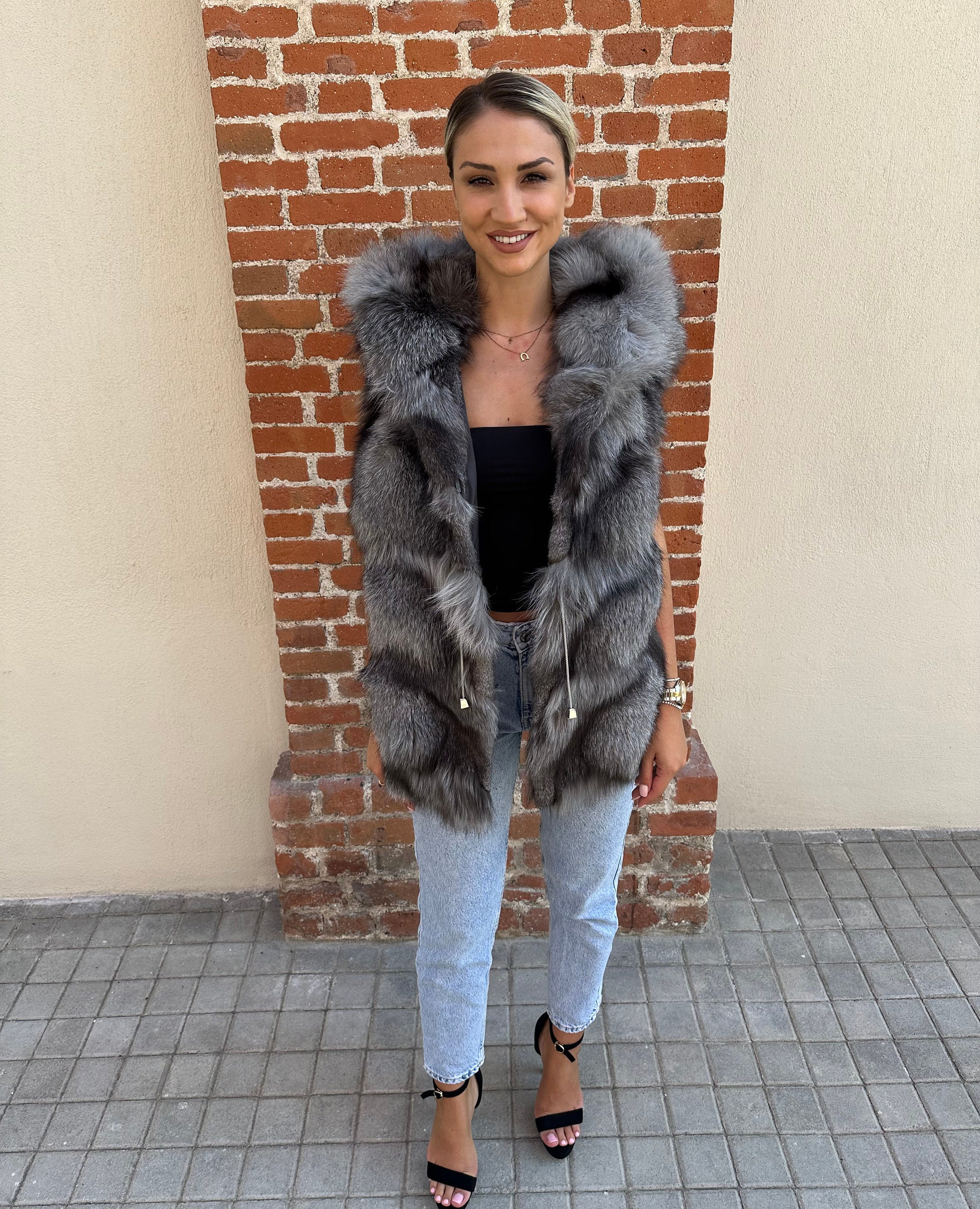 Grey fur sleeveless jacket cheap