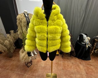 Neon yellow fox fur jacket with hood (Unique piece)Medium Size