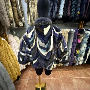 Multicolor Mink Fur short Cape with Fox collar,Real Mink Fur Cape,Real Fur Cape ,Luxury fur Cape