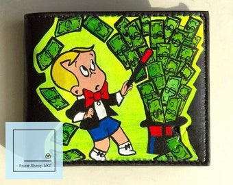 Portafoglio personalizzato Richie RIch in pelle da uomo, portafoglio bifold da uomo personalizzato, portafoglio dipinto a mano,