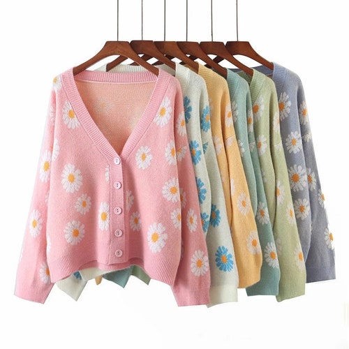 GlowingTailor Daisy Flower Cardigan, Daisy Print Cardigan, Daisy Cardigan, Flowers, Flowers Cardigan, Knitted Cardigan, Harajuku Cardigan, Floral Cardigan