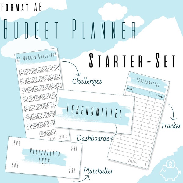 Budget Planner Starter Set baby blue als PDF Download mit Dashboards, Sheets, Challenges und Platzhalter für deine Finanzen