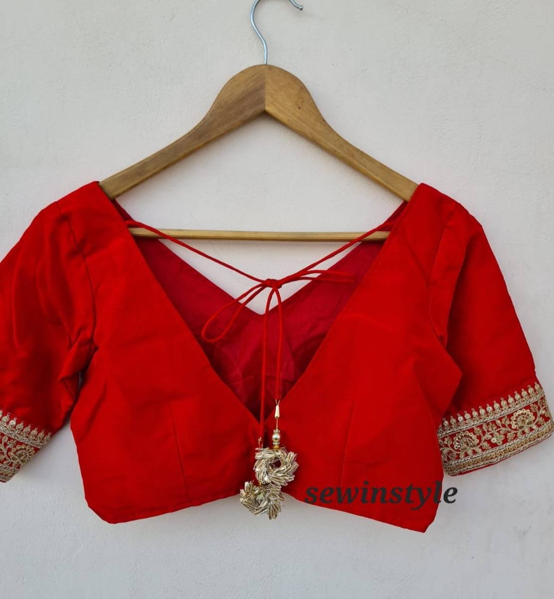 Gold Tissue Silk V-Neckline Blouse with Elbow Sleeves