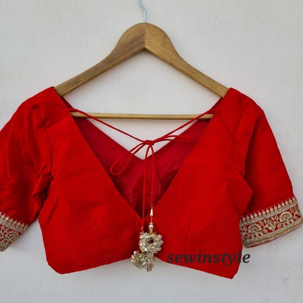 Red Silk V Neck Blouse, Elbow Sleeves Blouse, Indian Designer Blouse, Crop Top, Wedding Blouse, Saree Blouse, Sari Blouse,Ready-made Blouse