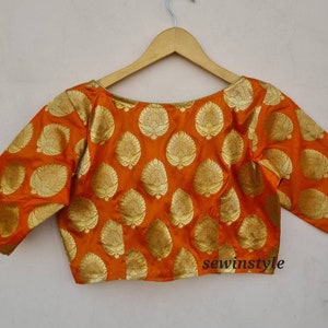 Orange Brocade Zari Blouse, Boat Neck Elbow Sleeves Blouse, Wedding Blouse,  Ready-made Blouse.
