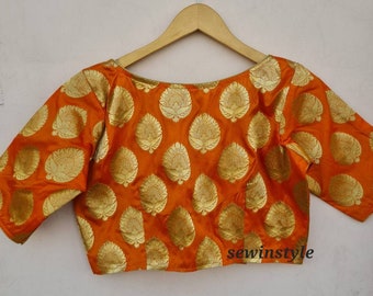 Orange Brocade Zari Blouse, Boat Neck Elbow Sleeves Blouse, Wedding Blouse,  Ready-made Blouse.