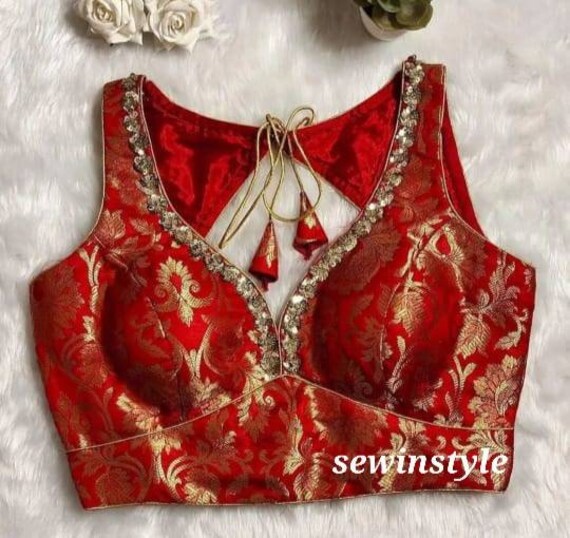 Red Brocade Sweetheart Neck Blouse - Indian Wedding Crop Top