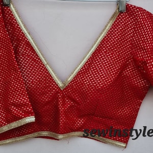 Red Sequin V neck Blouse, Elbow Sleeves Blouse, Indian Designer Blouse, Crop Top, Wedding Blouse, Saree Blouse, Sari Blouse, Ready-made Blo