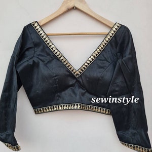 Black V-Neck Handloom Cotton Printed Blouse main image 0