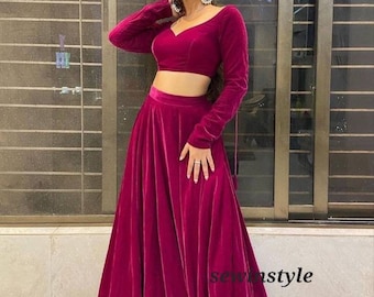 Pink Velvet Skirt Top, Lehenga choli, Crop Top skirt, Women Lehenga, Wedding Lehenga, Customize Lehenga, Ready-made Lehenga choli