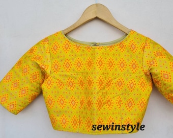Yellow Brocade Saree Blouse: Indian Wedding Crop Top