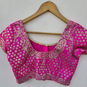 Pink Zari Work Blouse, Short Sleeves Blouse, Indian Designer Blouse, Saree Blouse, Sari Blouse, Crop Top, Wedding Blouse, Ready-made Blouse