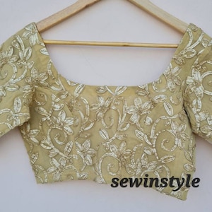Golden Gota Work Blouse, Scoop Neck Blouse, Elbow Sleeves Blouse, Indian Designer Blouse, Crop Top, Wedding Blouse, Saree Blouse, Sari Blous