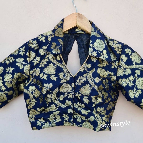 Blue Collar Blouse, Elbow Sleeves Blouse,  Brocade Blouse,  Wedding Blouse, Saree Blouse, Sari Blouse, Crop Top, Customize Blouse, Ready-mad