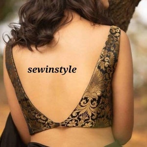 Black Brocade V-Neck Saree Blouse: Indian Wedding Crop Top