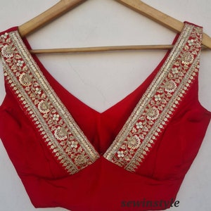 Red Silk V neck Blouse, Cutsleeves Blouse, Indian Designer Blouse, Crop Top, Wedding Blouse, Saree Blouse, Sari Blouse, Ready-made Blouse