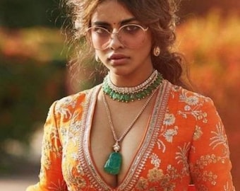 Orange siden V-ringad sariblus: Indisk bröllops-crop top