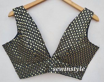 Black Sequin V-Neck Silk Blouse: Indian Wedding Crop Top