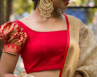 Red Silk Blouse Puff Sleeves Blouse Indian Designer Blouse Crop