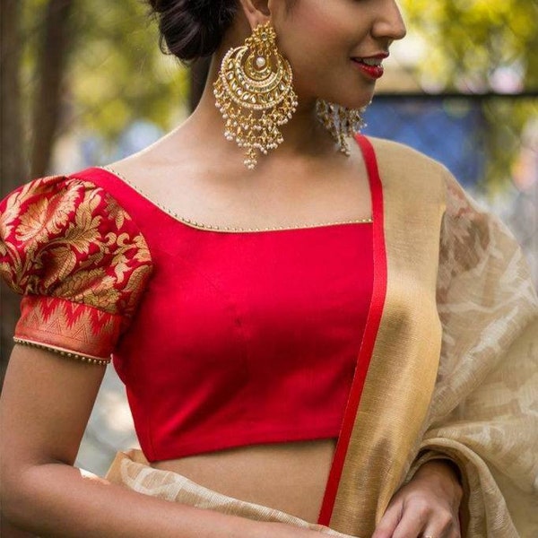 Chemisier en soie rouge, chemisier à manches bouffantes, chemisier de créateur indien, haut court, chemisier de mariage, chemisier sari, chemisier sari, chemisier prêt-à-porter