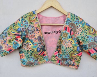 V Neck Multi color Blouse, Indian Designer Blouse, Crop Top, Wedding Blouse, Saree Blouse, Sari Blouse, Ready-made Blouse.