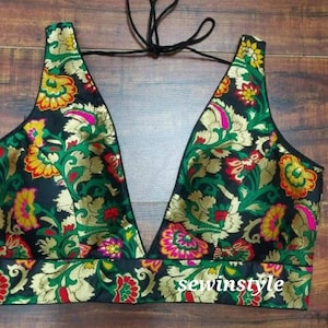 Brocade V-Neck Saree Blouse: Indian Wedding Crop Top