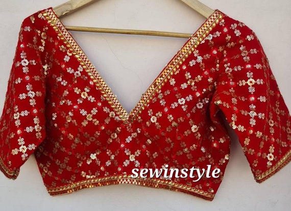 Red Sequin Georgette Blouse: V-Neck Elbow Sleeve Sari Top